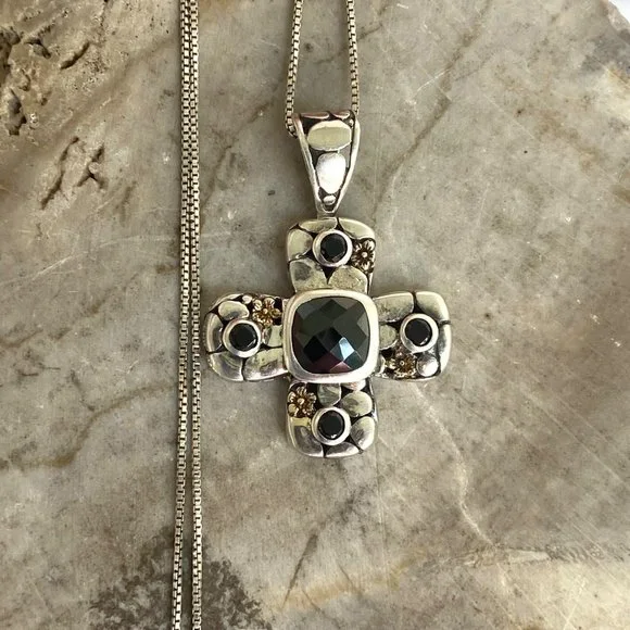 Sterling Silver 925 Black Tourmaline Glass Cross Pendant Necklace 18" Box Chain - Picture 4 of 16